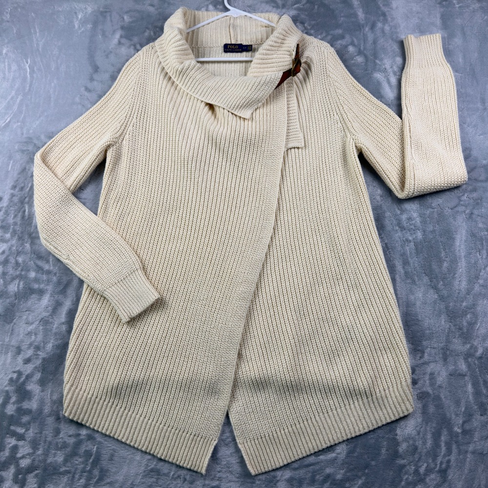 Polo Ralph Lauren Cream Cotton Rib Knit Buckle Wrap Cardigan Sweater Womens S